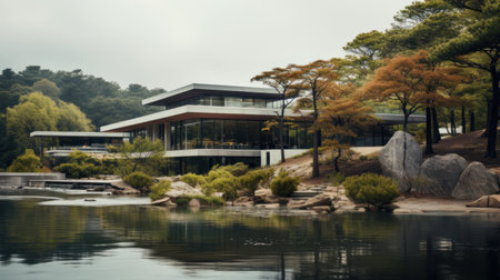 modern building set against a backdrop of natural beauty.の素材