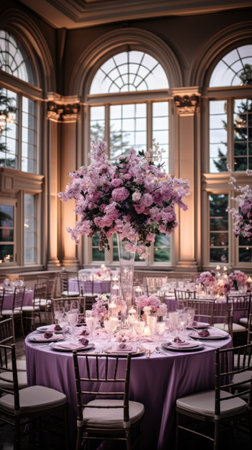 wedding reception set up in a grand ballroom with elegant decor..の素材