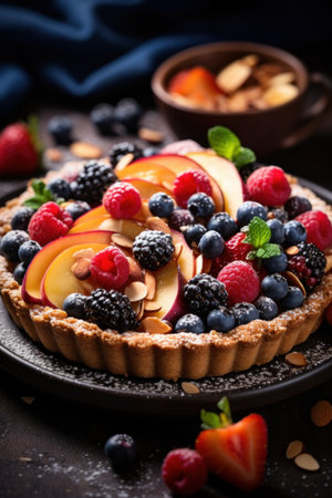 still life of a rustic fruit tart, with a crumbly almond crust and a colorful arrangement of berriesの素材