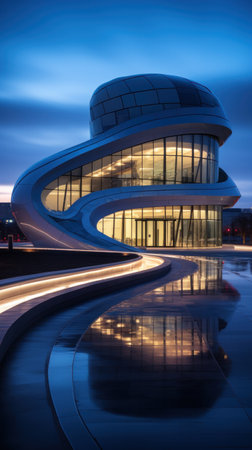 a futuristic building with a curved faÃ§ade and sleek glass exterior.の素材