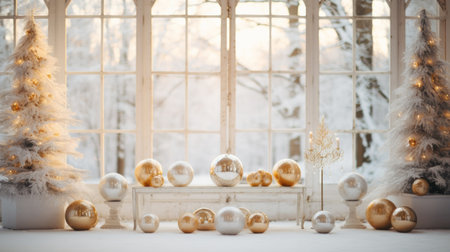 A stunning gold and white Christmas scene with shimmering balls and a snow-dusted background.の素材