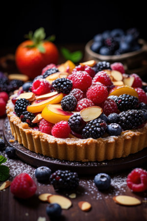 still life of a rustic fruit tart, with a crumbly almond crust and a colorful arrangement of berriesの素材