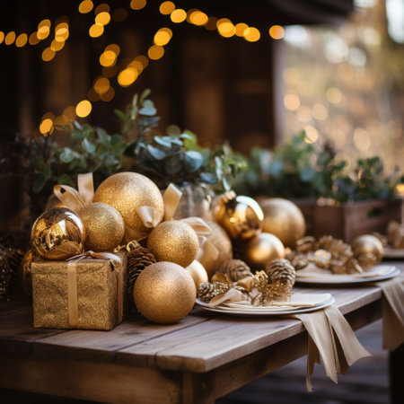 A warm and inviting Christmas setup with golden ornaments, greenery, and a rustic wood background.の素材