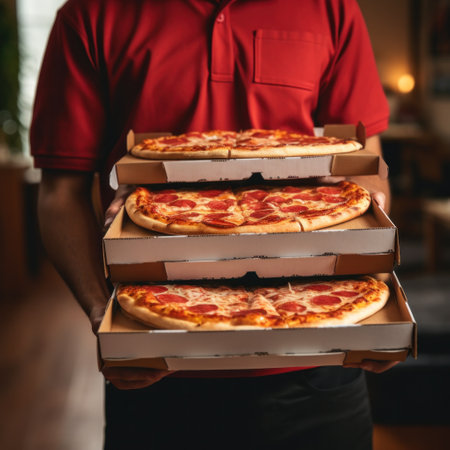 pizza delivery person carrying a stack of pizza boxes.の素材