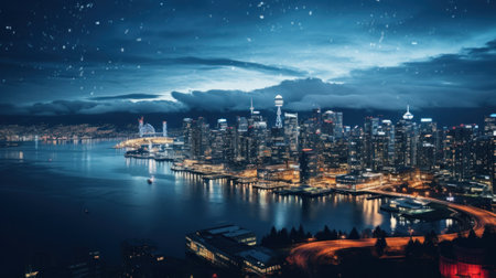 a city skyline at night, featuring sleek and modern buildings with clean lines and bold architectureの素材