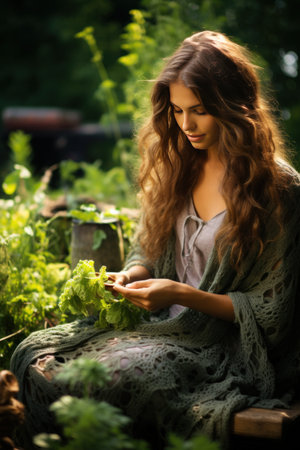 A woman sitting in a park surrounded by greenery, knitting a shawl.の素材