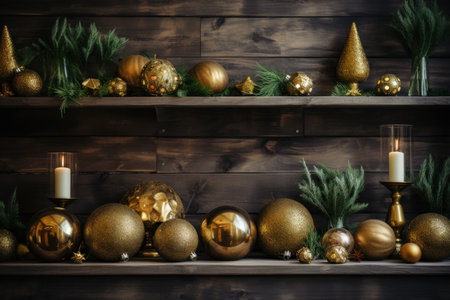 A warm and inviting Christmas setup with golden ornaments, greenery, and a rustic wood background.の素材