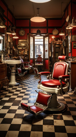 a vintage barber shop, complete with classic red and white barber pole, leather chairs.の素材