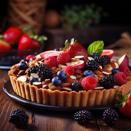 still life of a rustic fruit tart, with a crumbly almond crust and a colorful arrangement of berriesの素材