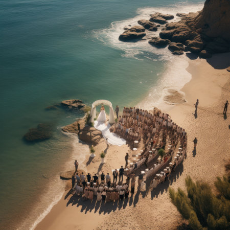 A stunning aerial shot of a wedding ceremony taking place on a picturesque beach.の素材