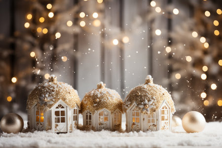 A stunning gold and white Christmas scene with shimmering balls and a snow-dusted background.の素材