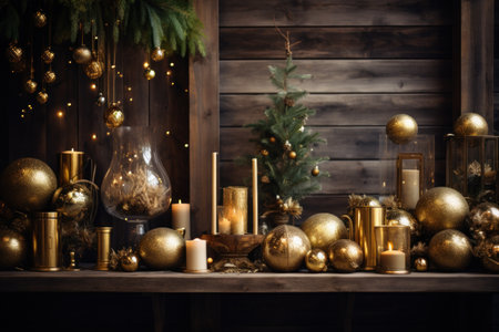 A warm and inviting Christmas setup with golden ornaments, greenery, and a rustic wood background.の素材