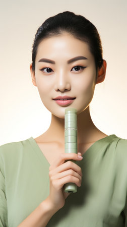 A woman holding a jade roller against her cheek. The roller is a light green color.の素材