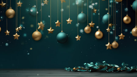 christmas decorations with bows and balls on a green background.の素材