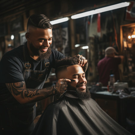 barber trimming a client's hair with electric clippers, capturing the movement.の素材
