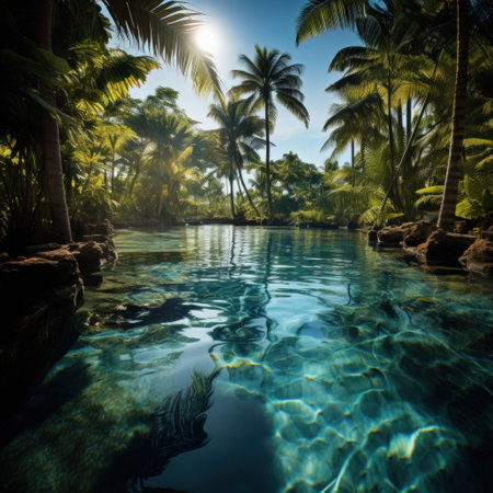 a pool in a tropical location, complete with palm trees, clear water, and sunshine.の素材