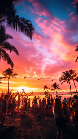 a beach party with palm trees and light bulb garlands framing the scene.の素材