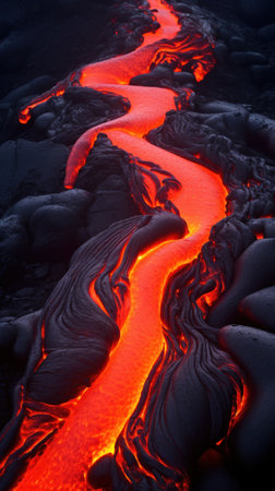 heat and energy of a volcano's lava captures the molten rock as it cascades down the mountainside.の素材