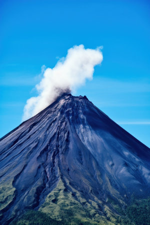 the awe-inspiring power and beauty of a towering volcano set against a clear blue sky..の素材