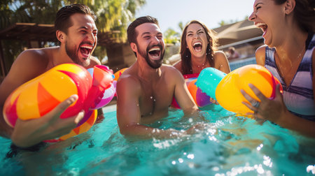 a group of friends laughing and splashing in a pool with brightly colored floats and drinks in handの素材