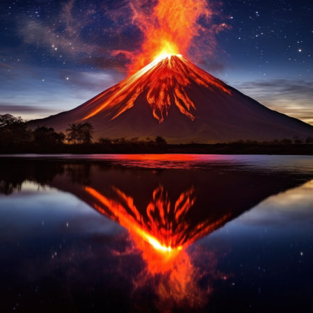 a volcano lights up the night sky with its fiery glow that showcases the beauty of nature's power.の素材