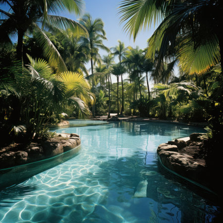 a pool in a tropical location, complete with palm trees, clear water, and sunshine.の素材