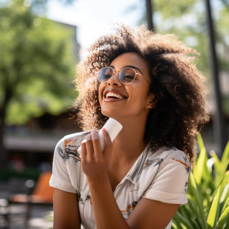 A woman holding a jade roller against her cheek. The roller is a light green color.の素材