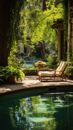 a pool surrounded by lush greenery and lounge chairs, perfect for a peaceful afternoon.の素材