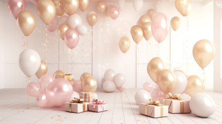 pink and gold balloons, gifts, presents and confetti on cream background.の素材