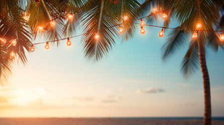 summer night party beach palms with light bulb garlands. large copyspace area, offcenter composition.の素材