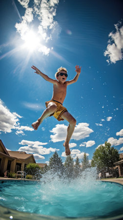 dramatic action shot of someone jumping into the pool, capturing the excitement of summer swimming.の素材