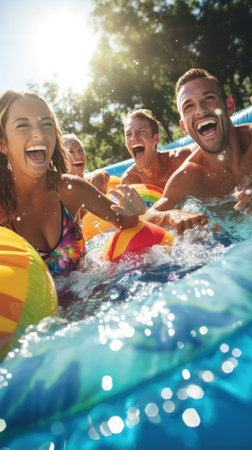 a group of friends laughing and splashing in a pool with brightly colored floats and drinks in handの素材
