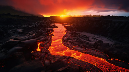 heat and energy of a volcano's lava captures the molten rock as it cascades down the mountainside.の素材