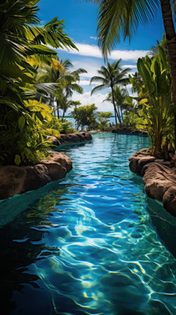 a pool in a tropical location, complete with palm trees, clear water, and sunshine.の素材