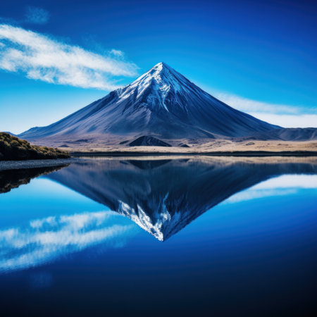 captures the serene beauty of a volcanic mountain reflected in a calm, crystal-clear lake.の素材