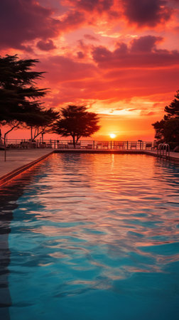a beautiful shot of a pool at sunset, with warm oranges and pinks reflecting off the water.の素材