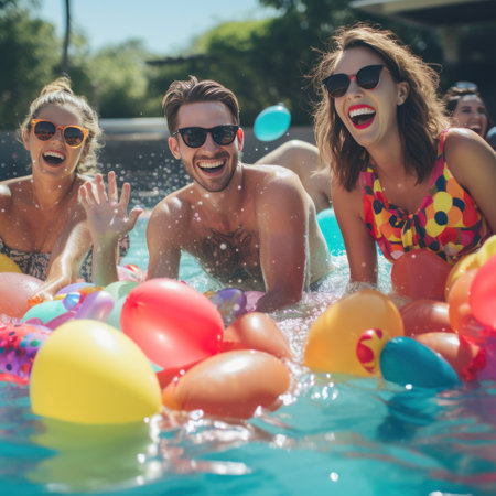 a group of friends laughing and splashing in a pool with brightly colored floats and drinks in handの素材