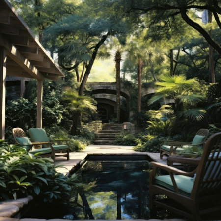 a pool surrounded by lush greenery and lounge chairs, perfect for a peaceful afternoon.の素材