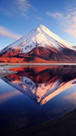 captures the serene beauty of a volcanic mountain reflected in a calm, crystal-clear lake.の素材