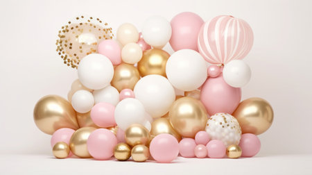 pink and gold balloons, gifts, presents and confetti on cream background.の素材