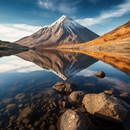 captures the serene beauty of a volcanic mountain reflected in a calm, crystal-clear lake.の素材