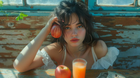 A charming young lady is seated at a wooden table, holding a glass of juice and an apple.の素材