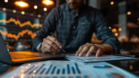 Businessman analyzing investment charts with laptop at night. Business and financial concept.の素材