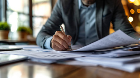 A close-up of a real estate agent meticulously reviewing and organizing paperwork.の素材