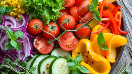 A colorful array of fresh vegetables artfully arranged on a plate.の素材