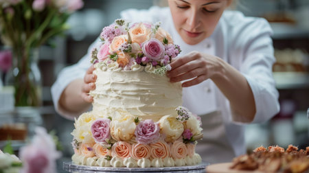 A pastry chef arranging edible flowers on a stunning wedding cake.の素材