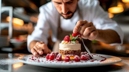 A pastry chef arranging edible flowers on a stunning wedding cake.の素材