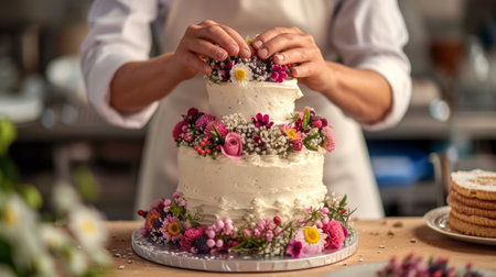 A pastry chef arranging edible flowers on a stunning wedding cake.の素材