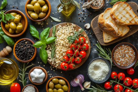 A Mediterranean-inspired spread featuring olive oil.の素材