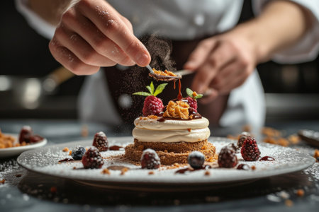 A pastry chef arranging edible flowers on a stunning wedding cake.の素材